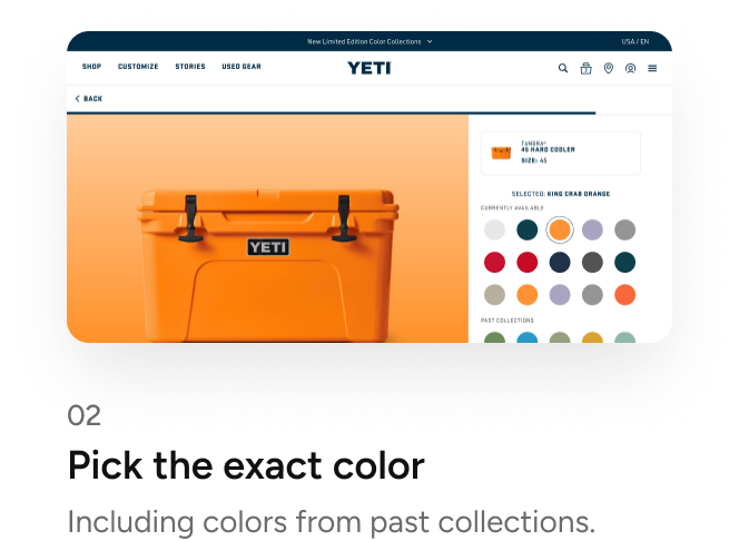 Four registration steps on desktop: choose the type, pick the exact color, confirm the match, you're in: 02 Pick the exact color: Including colors from past collections.