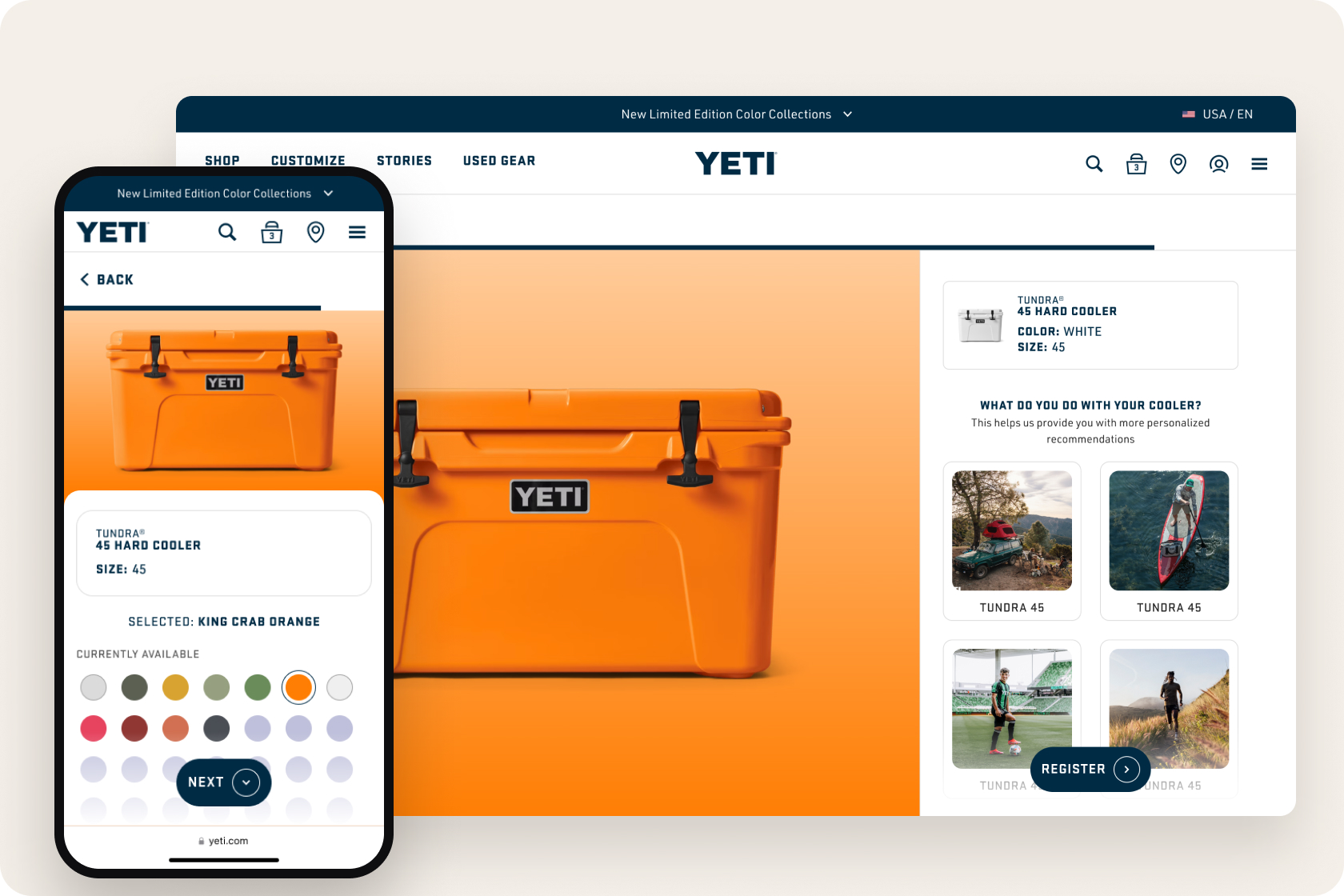 Registration screens: picking the product and the exact color
