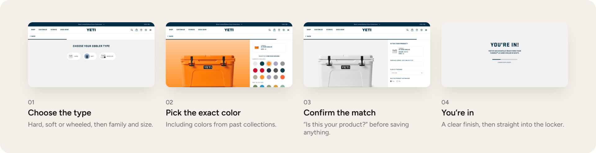 Four registration steps on desktop: choose the type, pick the exact color, confirm the match, you're in