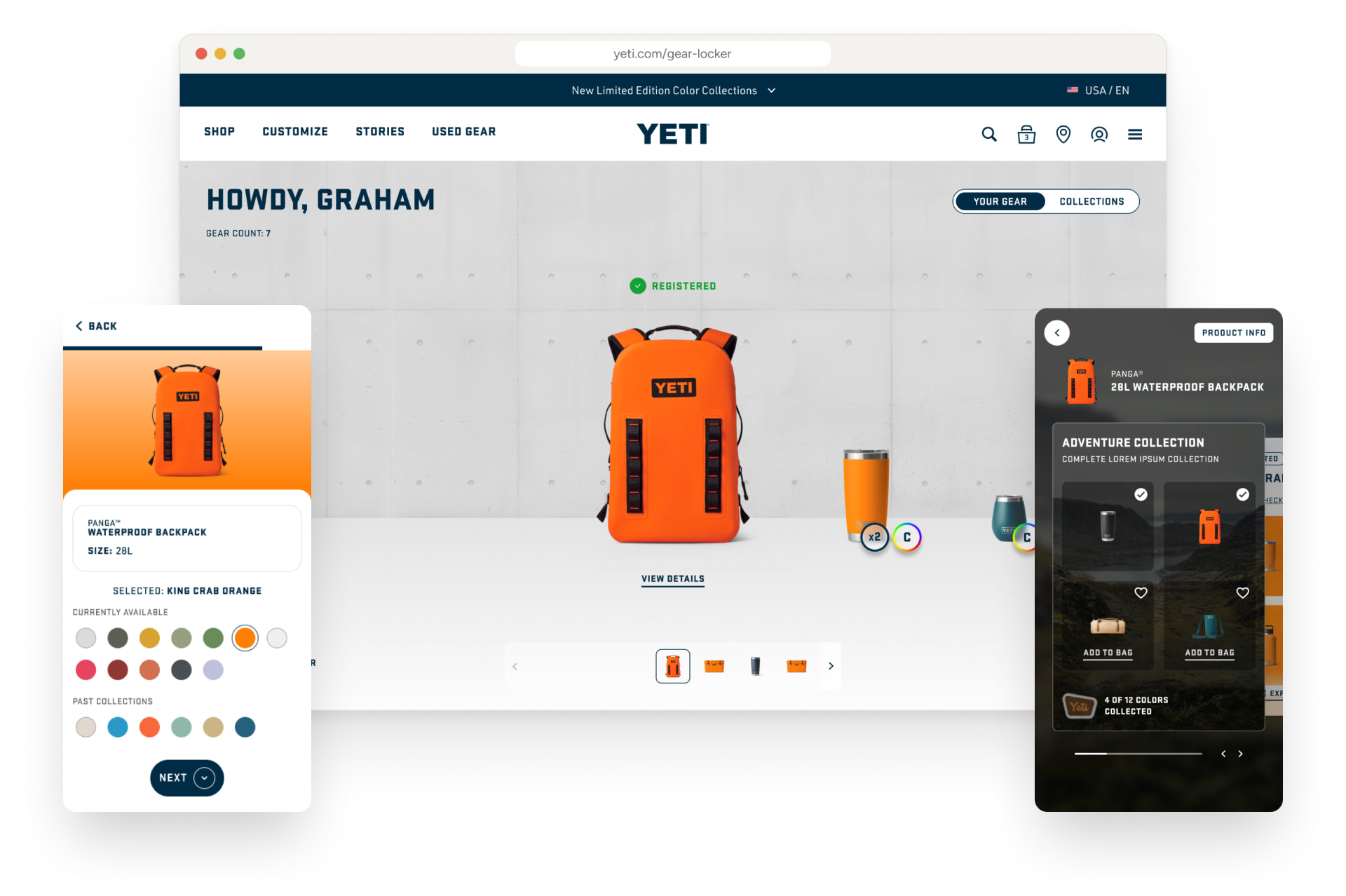 Gear Locker on desktop and two phones: a registered YETI backpack, collections and the gear overview