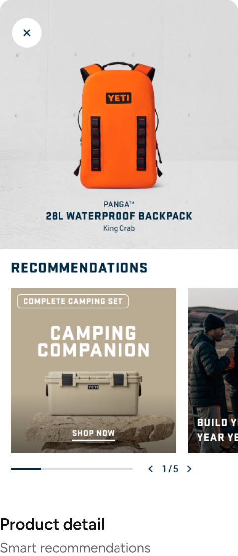 Four mobile screens: Register, Gear overview, Product detail and Collections: Product detail · Smart recommendations
