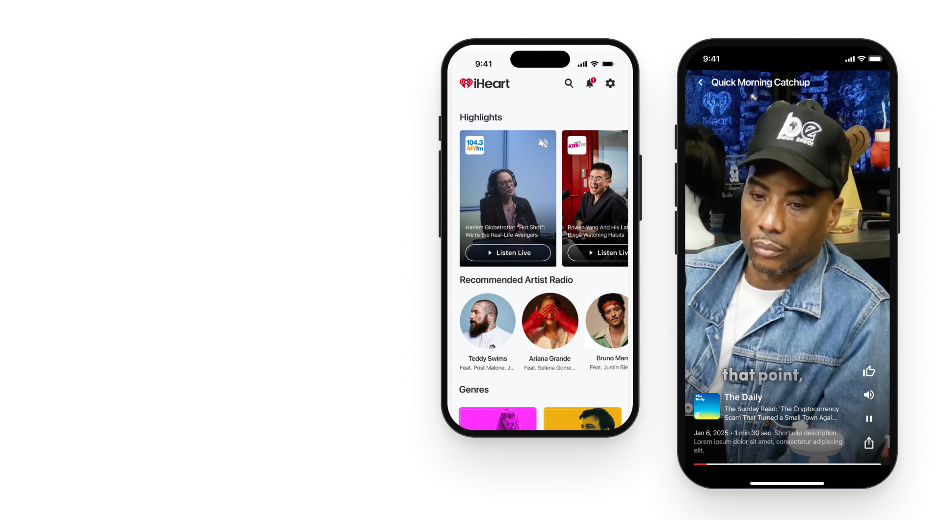 Clips across iHeartRadio surfaces: Home carousel, station page and search, on phone screens