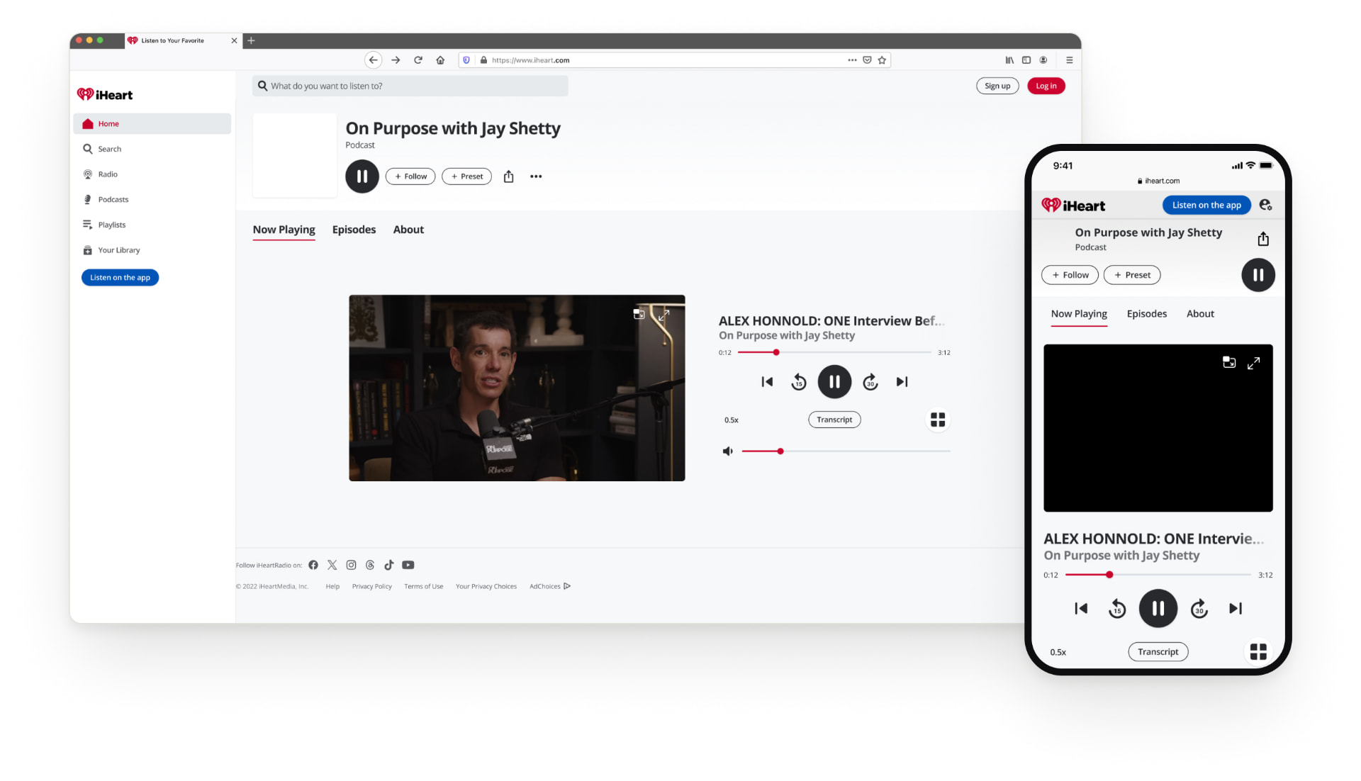 The iHeartRadio Now Playing page on desktop with a video podcast playing